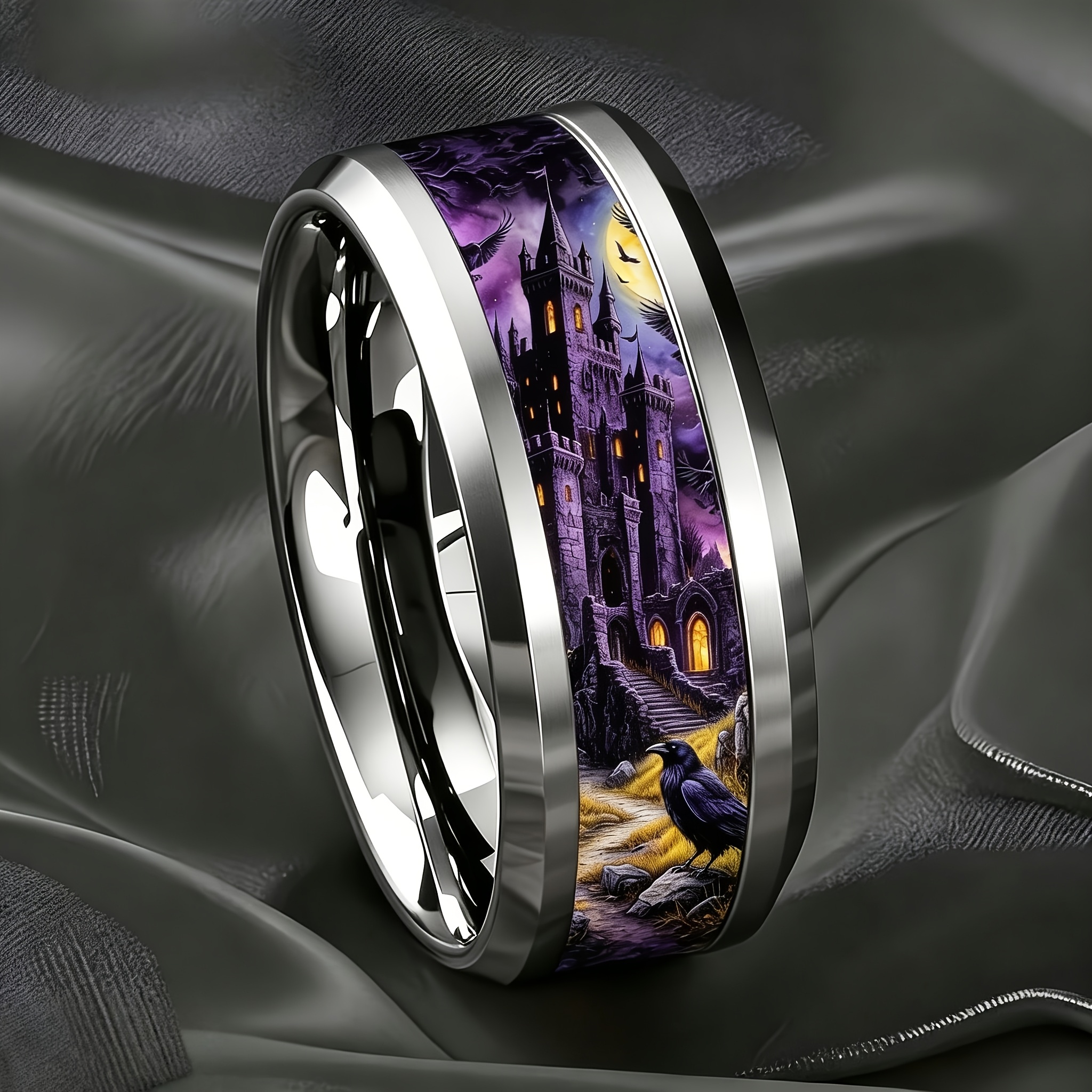 Gothic Castle Crow Moon Night Stainless Steel Ring